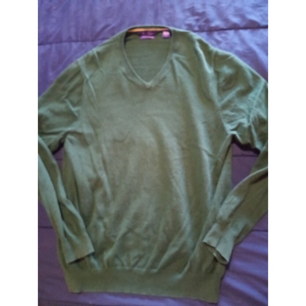 Alan Flusser Sweater Mens L Green V-Neck Cotton Cashmere‎ Blend Pullover Knit 8C